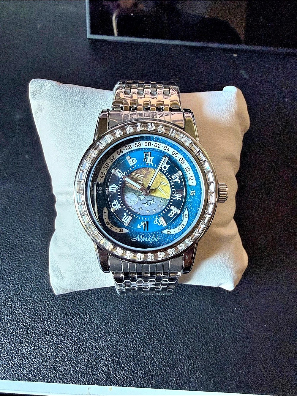Masafei Automatic Movement Watch Blue Celestial Zodiac Sun Moon Silver Steel